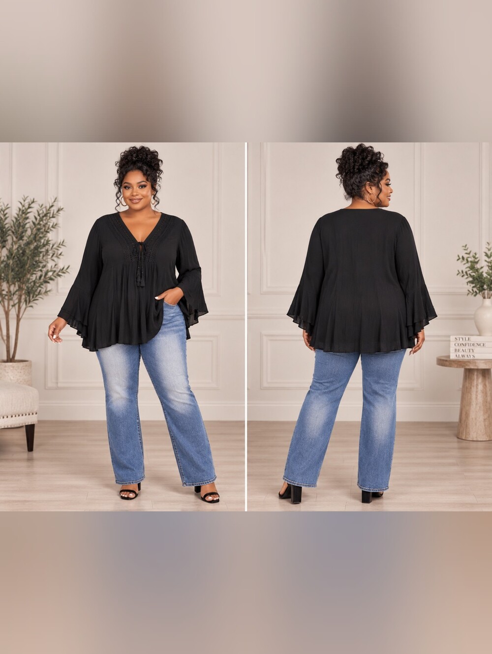 Black Lace-Trim Tie-Front Plus Size Top